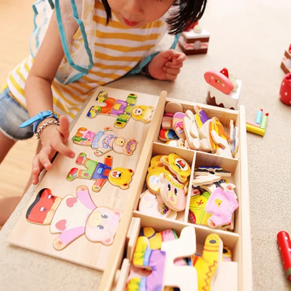 Cartoon Wooden Bear Dressing Puzzle Montessori Educational Toy Set